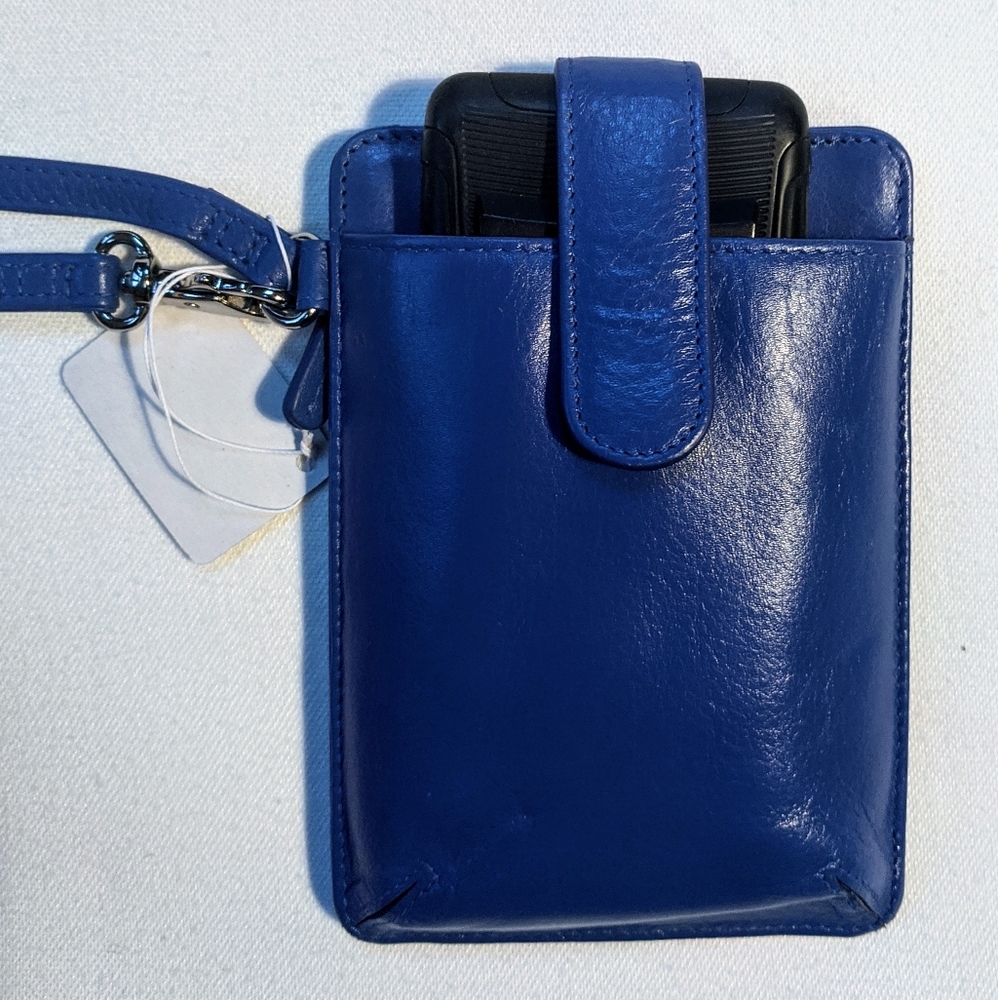 Blue leather clutch, smart phone and id holder.